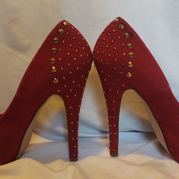 Red Studded Open Toe with Gold Colour Tip 5" Heel - Picture 2 of 11